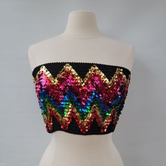 Topshop Womens Medium Black Boho Disco Retro Bright Sequin Smocked Tube Crop Top - Picture 9 of 10